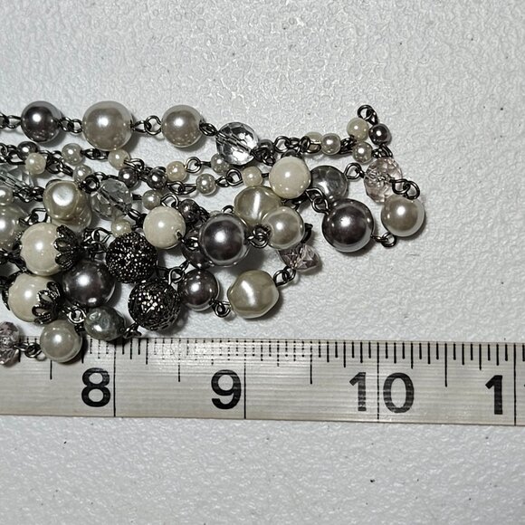 Elegant Faux Pearl Silver Beaded Multi Strand Necklace Statement Fashion Jewelry - Picture 6 of 6